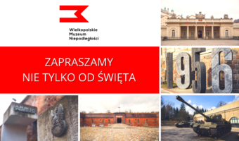 Collage 6 fotografii. Na fladze biało czerwonej logotyp Muzeum, poniżej napis: "Zapraszamy nie tylko od święta". Pozostałe fotografie przedstawiają elewacje 5 oddziałów Wielkopolskiego Muzeum Niepodległości.