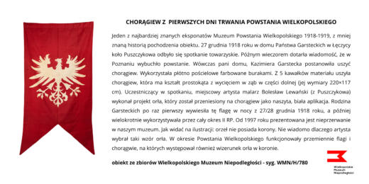 CHORĄGIEW Z PIERWSZYCH DNI POWSTANIA WIELKOPOLSKIEGO Jeden z najbardziej znanych eksponatów Muzeum Powstania Wielkopolskiego 1918-1919, chociaż jego historia może już tak znana nie jest… 27 grudnia 1918 roku w domu Państwa Garsteckich w Łęczycy koło Puszczykowa odbyło się spotkanie towarzyskie. Późnym wieczorem dotarła wiadomość, że w Poznaniu wybuchło powstanie. Wówczas pani domu, Kazimiera Garstecka postanowiła uszyć chorągiew. Wykorzystała płótno pościelowe farbowane burakami. Z 5 kawałków materiału uszyła chorągiew, która ma kształt prostokąta z wycięciem w ząb w części dolnej (jej wymiary 220×117 cm). Uczestniczący w spotkaniu, miejscowy artysta malarz Bolesław Lewański (z Puszczykowa) wykonał projekt orła, który został przeniesiony na chorągiew jako naszyta, biała aplikacja. Rodzina Garsteckich po raz pierwszy wywiesiła tę flagę w nocy z 27/28 grudnia 1918 roku, a później wielokrotnie wykorzystywała przez cały okres II RP. Od 1997 roku prezentowana jest nieprzerwanie w naszym muzeum. Jak widać na ilustracji: orzeł nie posiada korony. Nie wiadomo dlaczego artysta wybrał taki wzór orła. W okresie Powstania Wielkopolskiego funkcjonowały przemiennie flagi i chorągwie, na których występował również wizerunek orła w koronie.