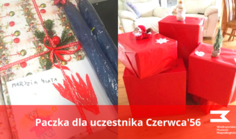 collage 2 zdjęc przedstawiających prezenty oraz hasło: "Paczka dla uczestnika czerwca 56'""